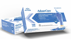 Stack of Intco Blue Nitrile Gloves boxes by AdvanCare, neatly arranged and labeled, showcasing their premium quality and suitability for medical and industrial use