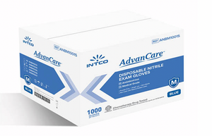Image of multiple cases of Intco Blue Nitrile Gloves from AdvanCare, each case clearly labeled, ready for bulk distribution in healthcare and industrial settings