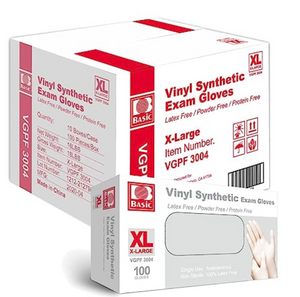 Image of a bulk case containing 1000 Vinyl Examination Disposable Gloves, clearly labeled and stacked, designed for extensive medical or cleaning use