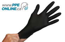 Load image into Gallery viewer, Image of various personal protective equipment (PPE) products including face masks, gloves, and protective gowns, with a watermark for PPEONLINE.CA. This picture showcases Black Nitrile TouchFlex Gloves available on PPEONLINE.CA, a reliable source for high-quality PPE. The use of PPE is essential for protecting individuals from harmful pathogens and ensuring their safety in various environments.
